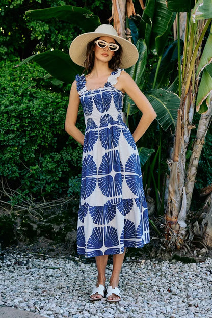 Abstract Print Smocked Bodice Tiered Lined Midi Dress