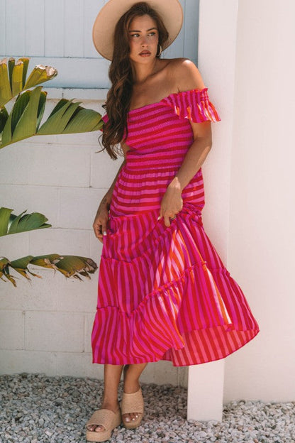 Stripe Smocked Bodice Flutter Sleeve Tiered Maxi D