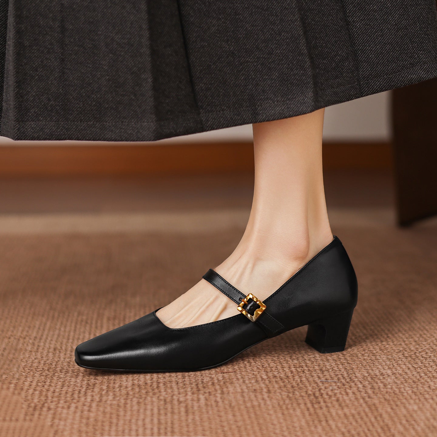 Mid-Heel Pumps - Full-Grain Leather Women's Classic Slip-On Court Shoes