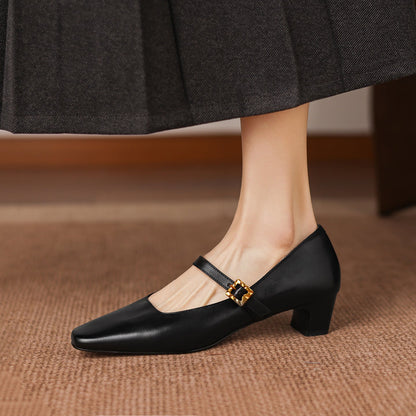 Mid-Heel Pumps - Full-Grain Leather Women's Classic Slip-On Court Shoes