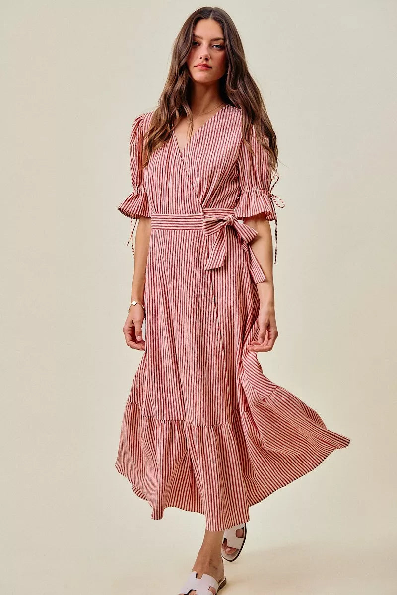 SO ME Stripe Textured Short Sleeves Lined Wrap Midi Dres
