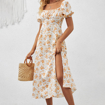 Square Neck Floral Print Dress With Puff Sleeves & Side Slit Maxi Dress