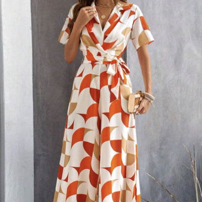 Women's Geometric Pattern Printed Lace Up Shirt Jumpsuit