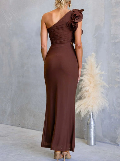 One-Shoulder Floral Trim Sleeveless Maxi Dress