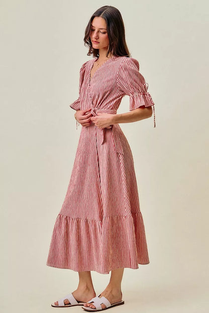 SO ME Stripe Textured Short Sleeves Lined Wrap Midi Dres