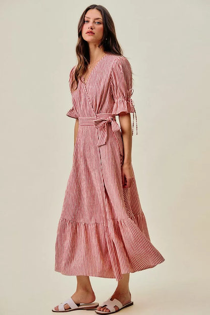 SO ME Stripe Textured Short Sleeves Lined Wrap Midi Dres
