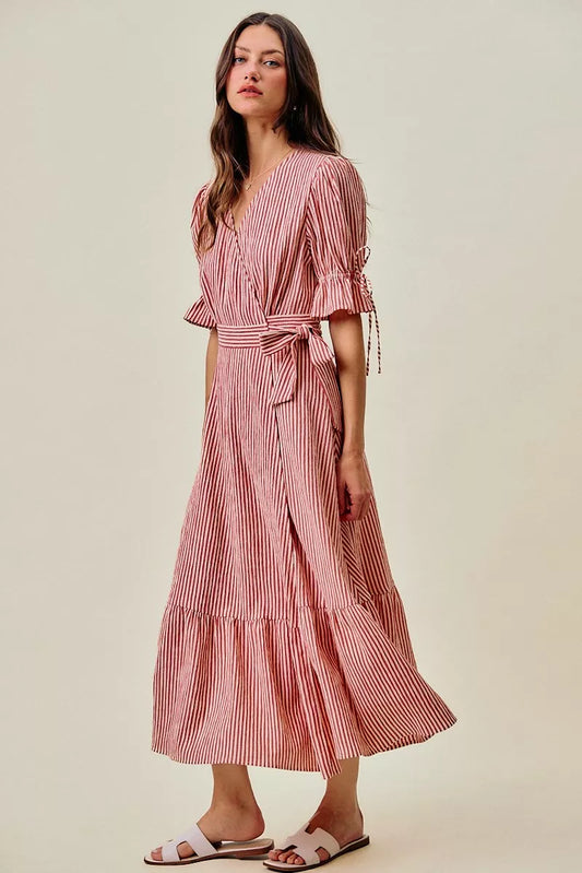 SO ME Stripe Textured Short Sleeves Lined Wrap Midi Dres
