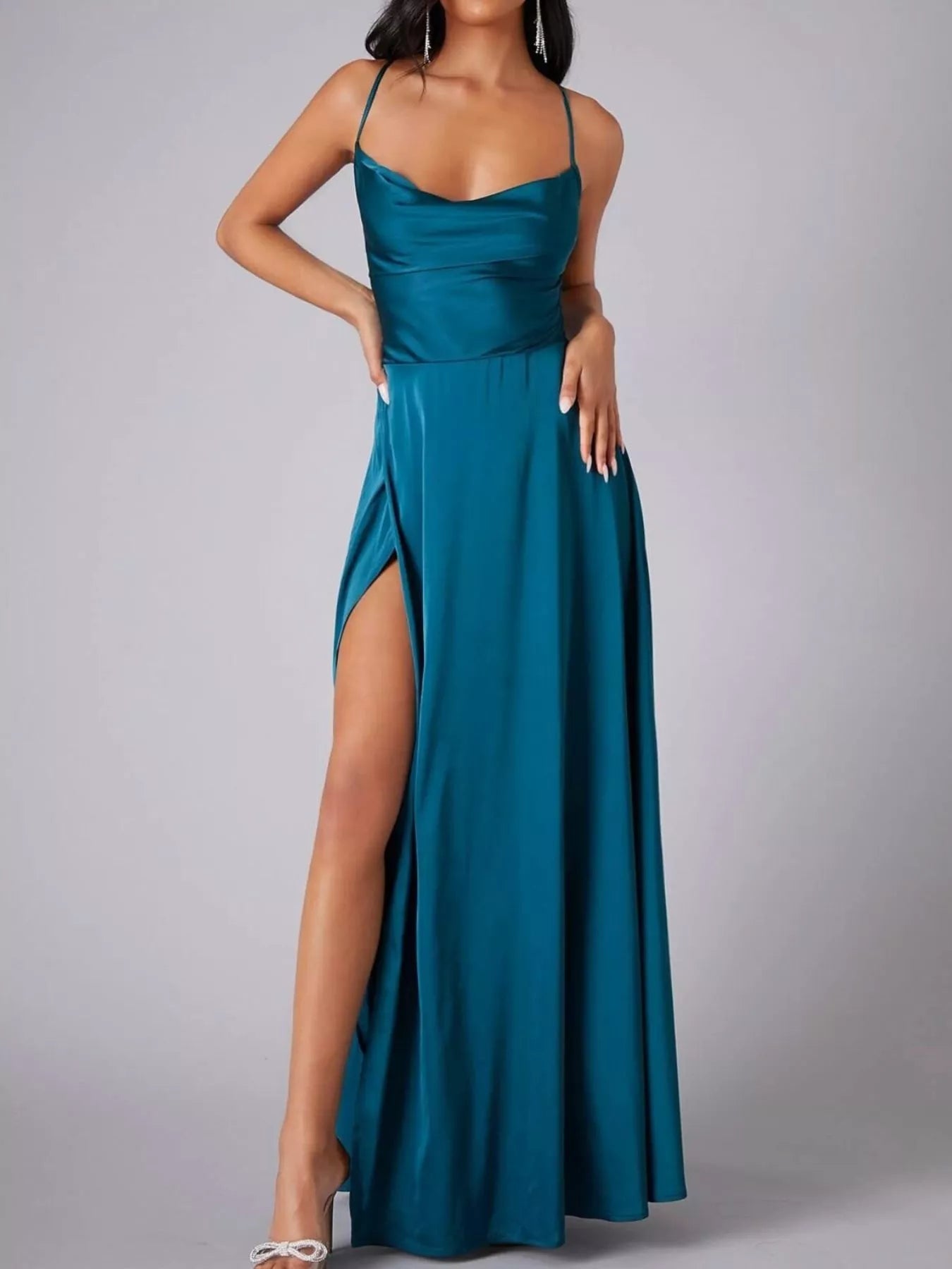 Lace Up Back Split Maxi Dress