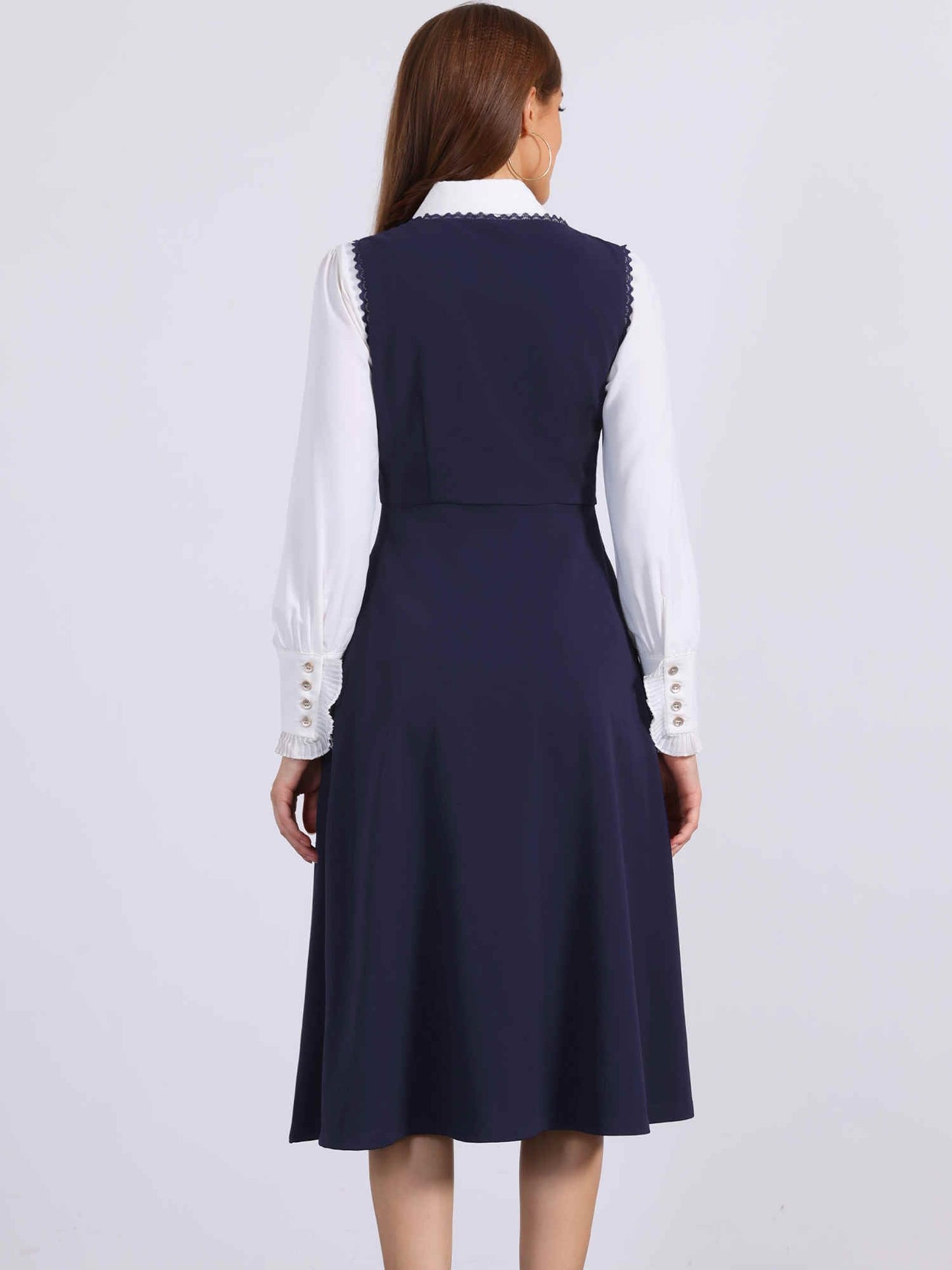 Allegra K Vintage Pinafore Dress for Women's 1950s Lace Trrim Midi Overall Dress with Pockets