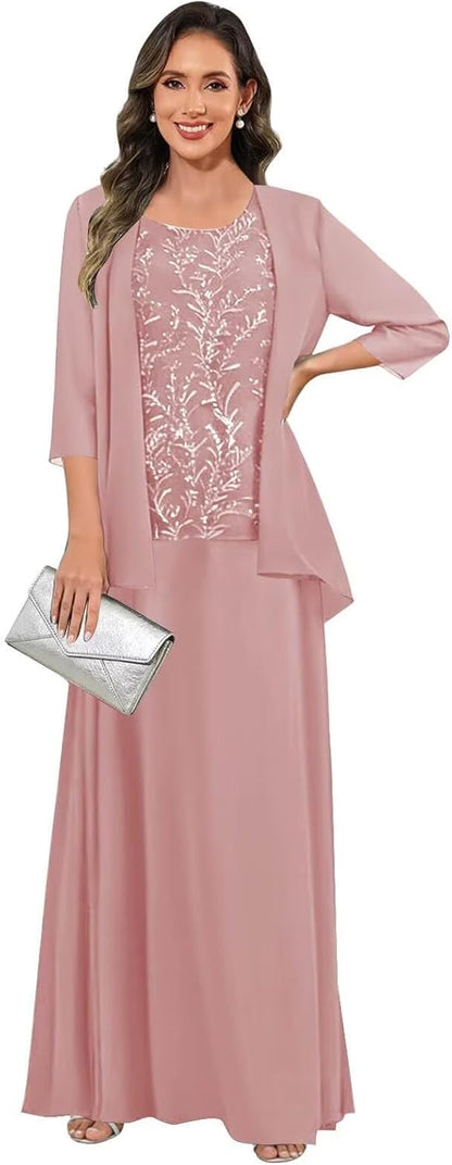 3 Pieces Mother of The Bride Dresses for Women 3/4 Sleeves Chiffon Lace Long Formal Wedding Guest Dress