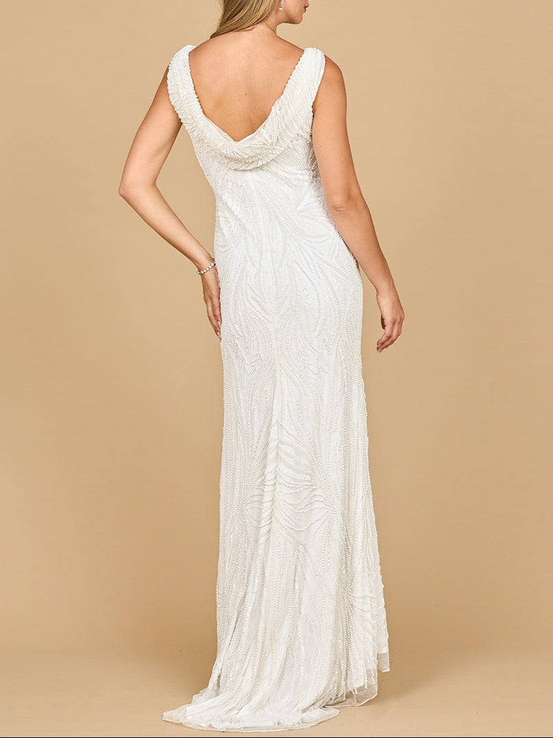 Lara 51200- Beaded Draped Cowl Back Wedding Gown