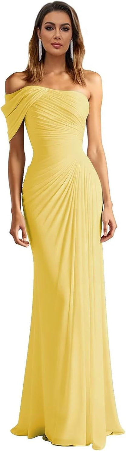 One Shoulder Chiffon Bridesmaid Dresses Pleated Mermaid Long Formal Gowns Wedding Guest Dress
