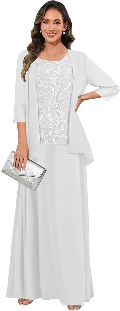 3 Pieces Mother of The Bride Dresses for Women 3/4 Sleeves Chiffon Lace Long Formal Wedding Guest Dress