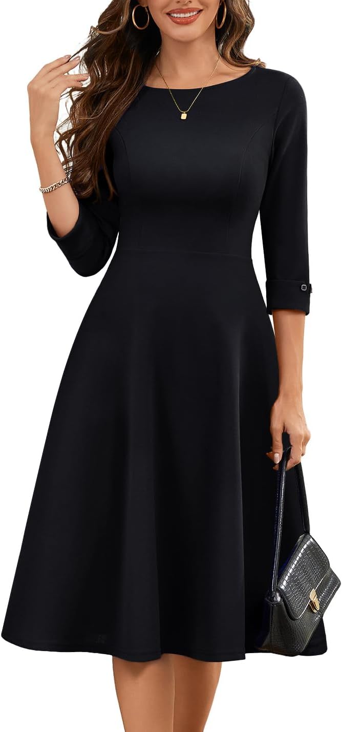 HomRain Women's Fit and Flare Midi Dress-3/4 Sleeve Modest Church Dress Classy Causal Work Dresses with Pockets
