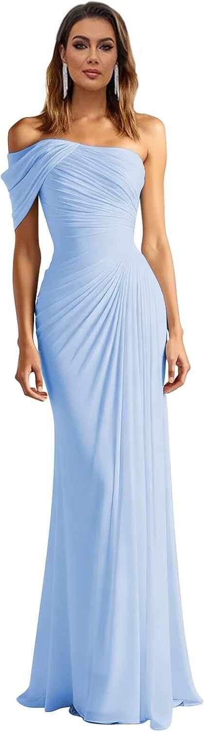 One Shoulder Chiffon Bridesmaid Dresses Pleated Mermaid Long Formal Gowns Wedding Guest Dress