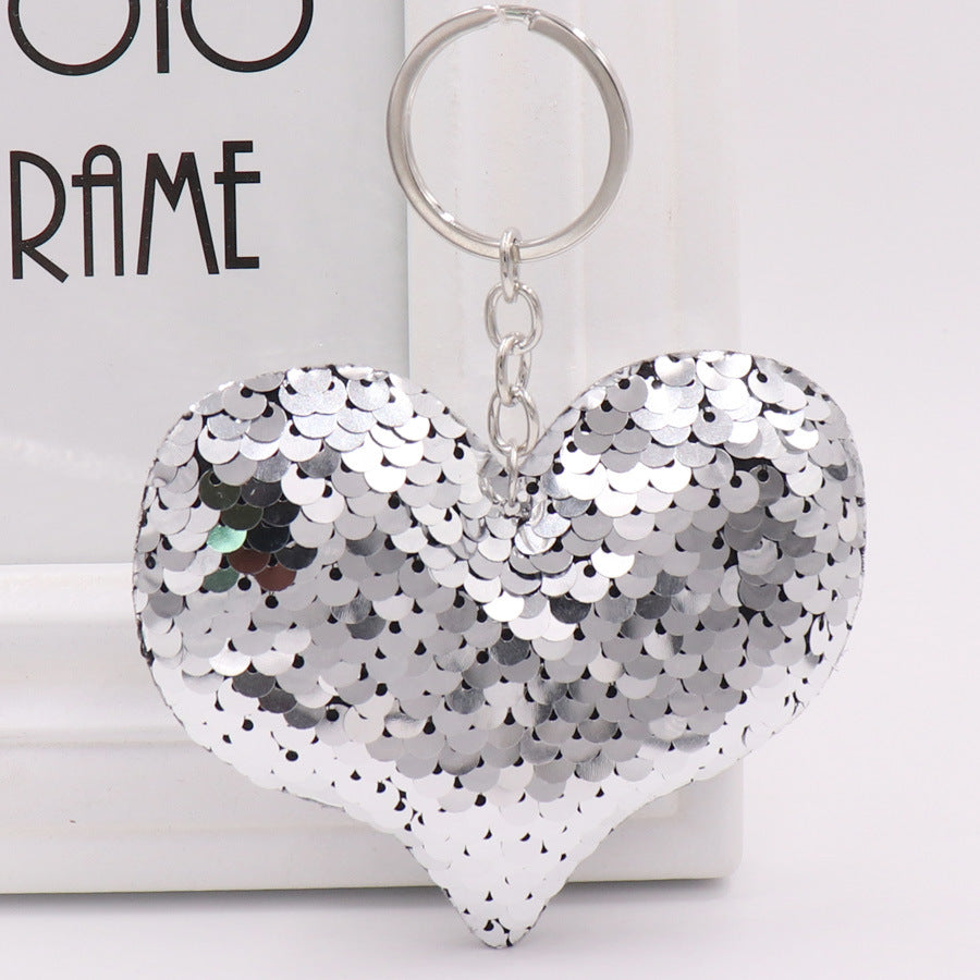 Cute Heart Keychain Glitter Pompom Sequins Key Ring