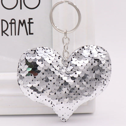 Cute Heart Keychain Glitter Pompom Sequins Key Ring