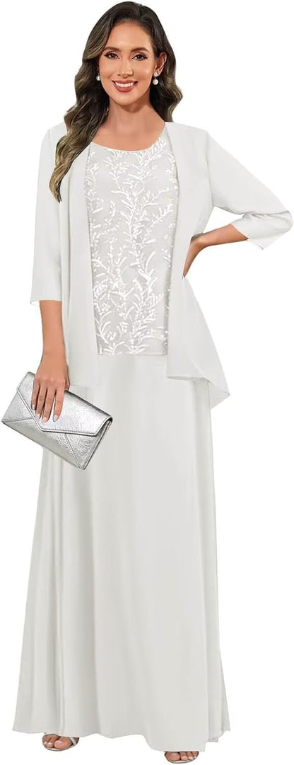 3 Pieces Mother of The Bride Dresses for Women 3/4 Sleeves Chiffon Lace Long Formal Wedding Guest Dress