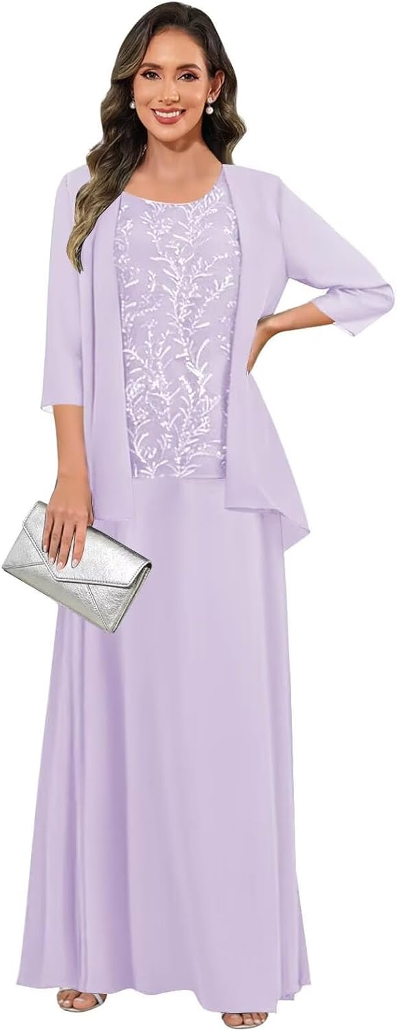 3 Pieces Mother of The Bride Dresses for Women 3/4 Sleeves Chiffon Lace Long Formal Wedding Guest Dress