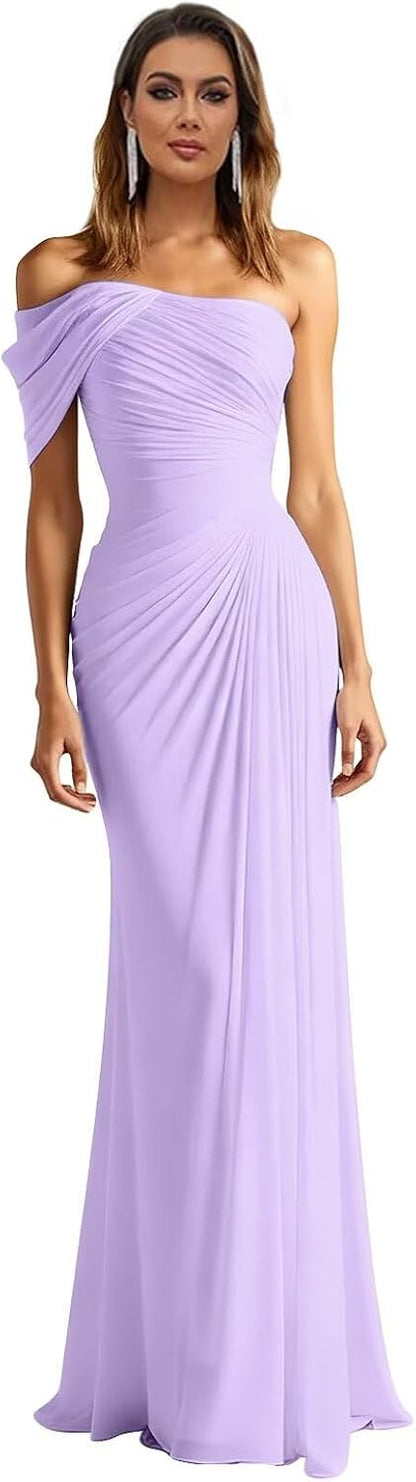 One Shoulder Chiffon Bridesmaid Dresses Pleated Mermaid Long Formal Gowns Wedding Guest Dress