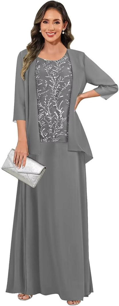 3 Pieces Mother of The Bride Dresses for Women 3/4 Sleeves Chiffon Lace Long Formal Wedding Guest Dress