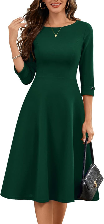 HomRain Women's Fit and Flare Midi Dress-3/4 Sleeve Modest Church Dress Classy Causal Work Dresses with Pockets