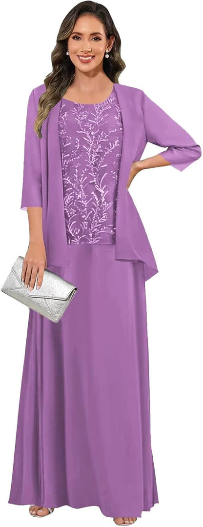 3 Pieces Mother of The Bride Dresses for Women 3/4 Sleeves Chiffon Lace Long Formal Wedding Guest Dress