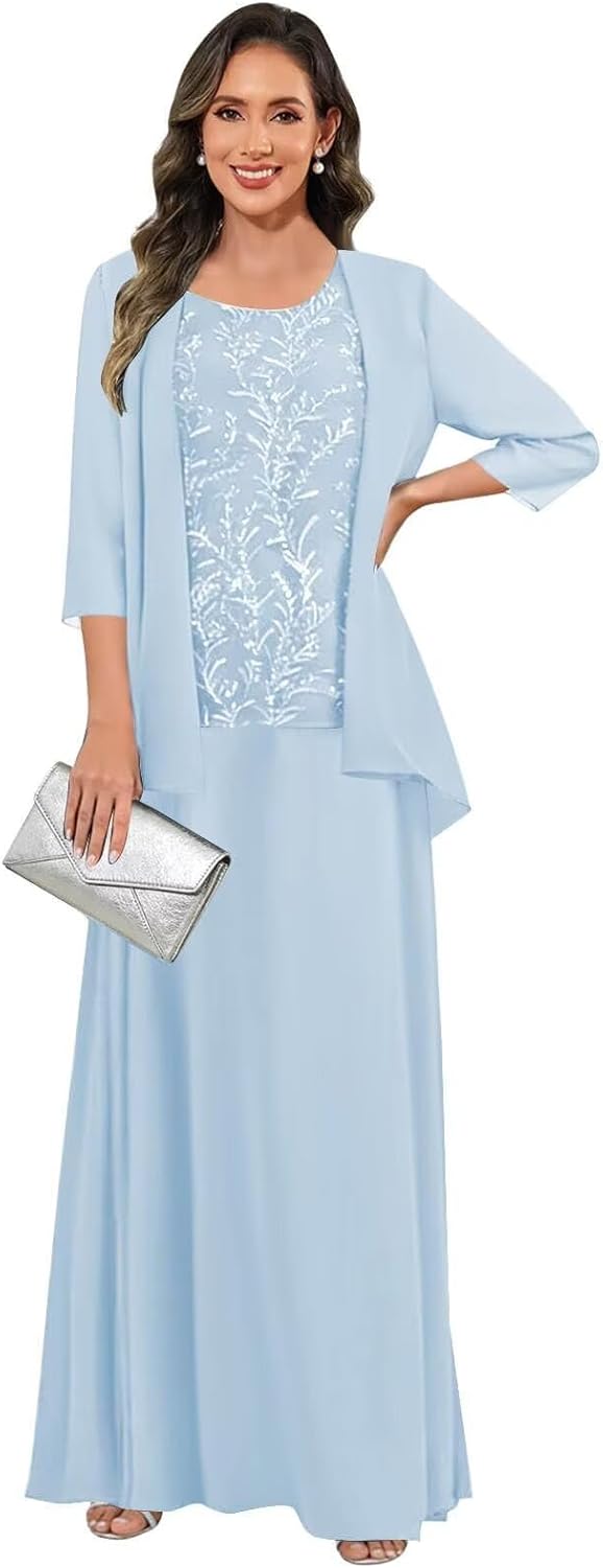 3 Pieces Mother of The Bride Dresses for Women 3/4 Sleeves Chiffon Lace Long Formal Wedding Guest Dress