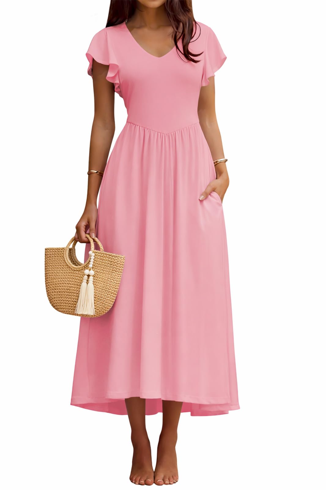YUNDAI Women's Scoop Neck Flutter Sleeve Midi Dress with Pocket Elegant Flowy A Line Tie Back Dress