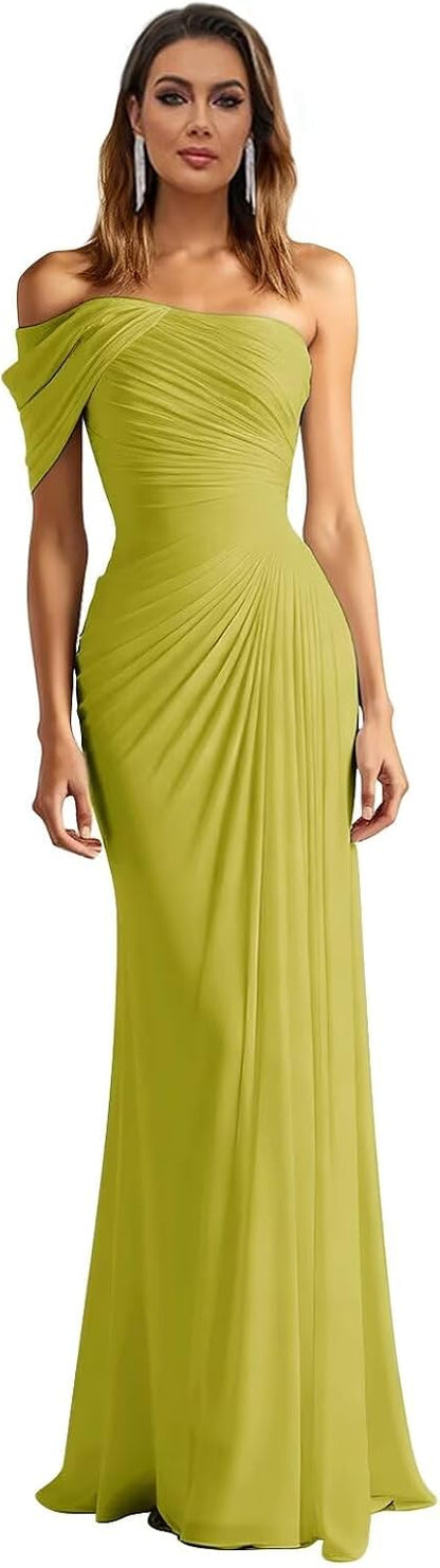 One Shoulder Chiffon Bridesmaid Dresses Pleated Mermaid Long Formal Gowns Wedding Guest Dress