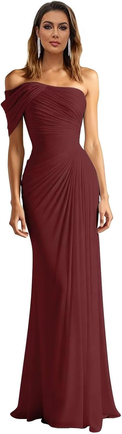 One Shoulder Chiffon Bridesmaid Dresses Pleated Mermaid Long Formal Gowns Wedding Guest Dress