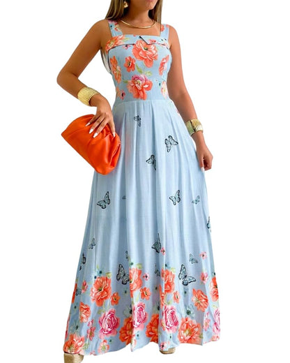 CHICME Women’s Floral Butterfly Print Linen Maxi Dress Quare Neck Strap Shirred Bodice Flowy Boho Summer Beach Dress