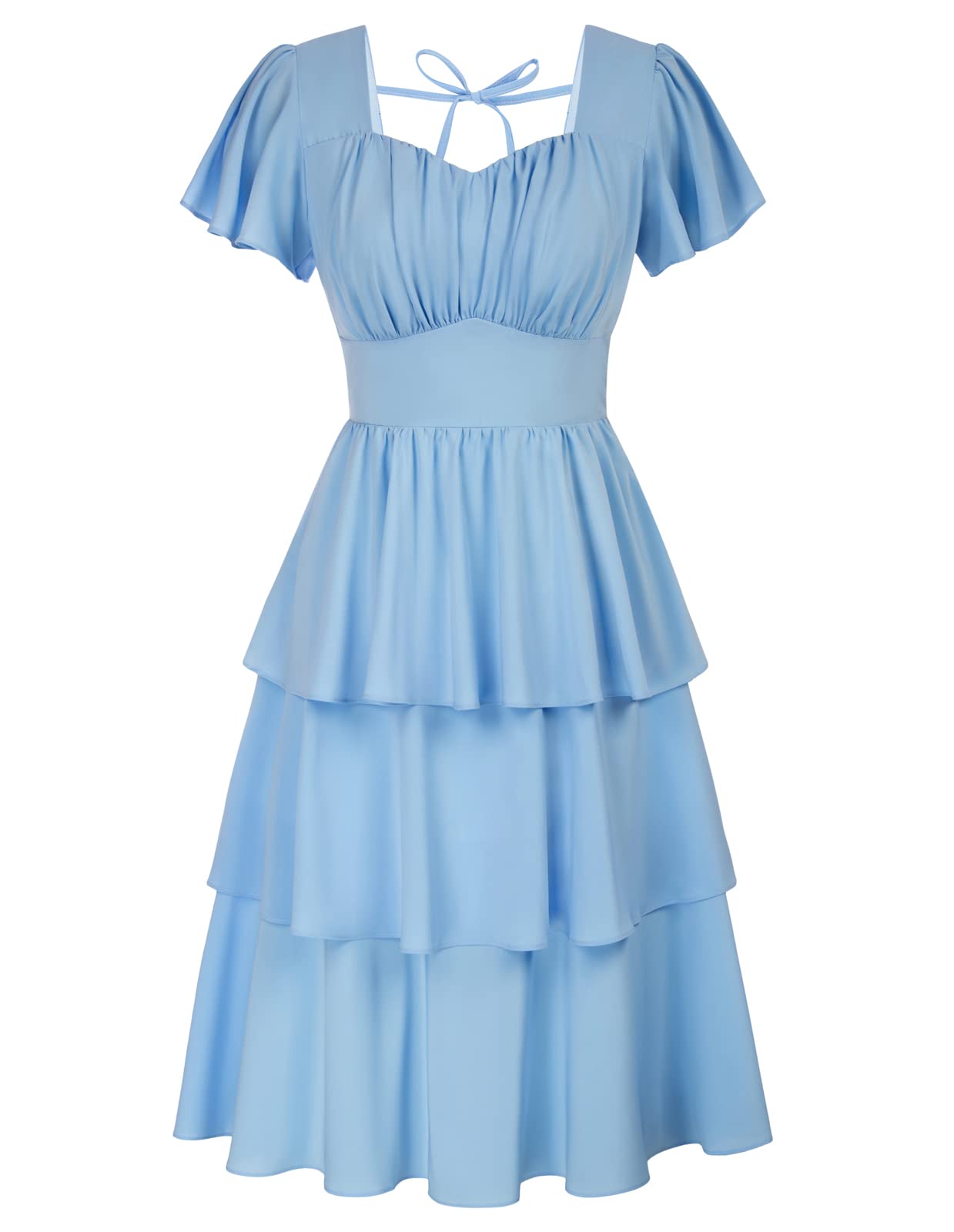 Belle Poque Women's Vintage Square Neck Dress 2026 Summer Short Sleeve Layered Tiered Ruffle A-line Swing Midi Dress