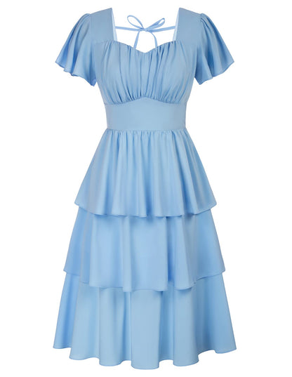 Belle Poque Women's Vintage Square Neck Dress 2026 Summer Short Sleeve Layered Tiered Ruffle A-line Swing Midi Dress