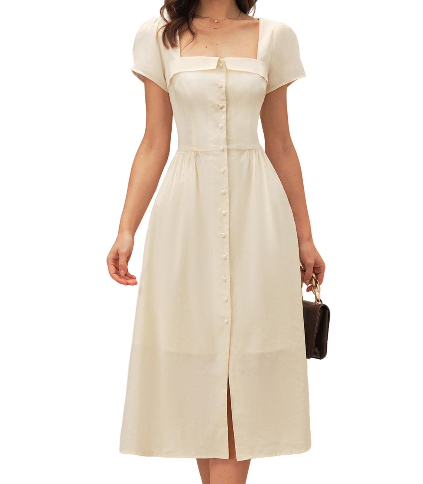 RIHOAS Elegant Casual Dresses for Women Short Sleeve Puff Square Neck A-Line Midi Dress