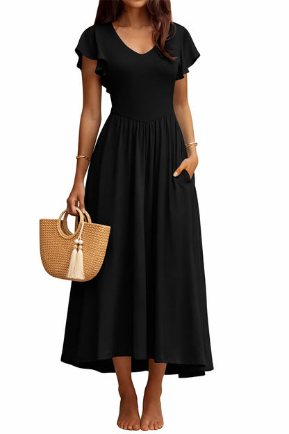 YUNDAI Women's Scoop Neck Flutter Sleeve Midi Dress with Pocket Elegant Flowy A Line Tie Back Dress