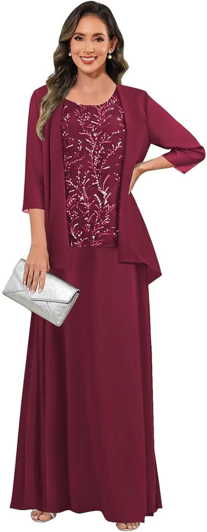3 Pieces Mother of The Bride Dresses for Women 3/4 Sleeves Chiffon Lace Long Formal Wedding Guest Dress