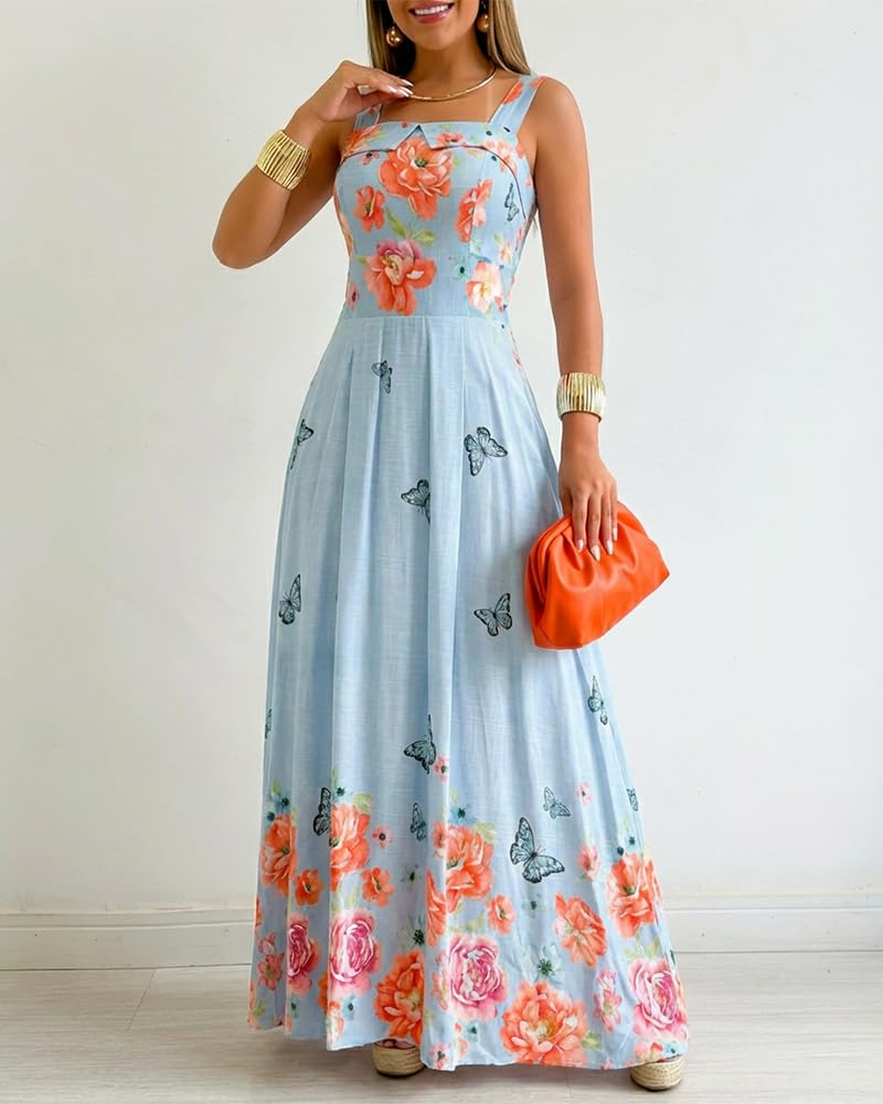 CHICME Women’s Floral Butterfly Print Linen Maxi Dress Quare Neck Strap Shirred Bodice Flowy Boho Summer Beach Dress