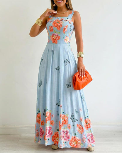 CHICME Women’s Floral Butterfly Print Linen Maxi Dress Quare Neck Strap Shirred Bodice Flowy Boho Summer Beach Dress
