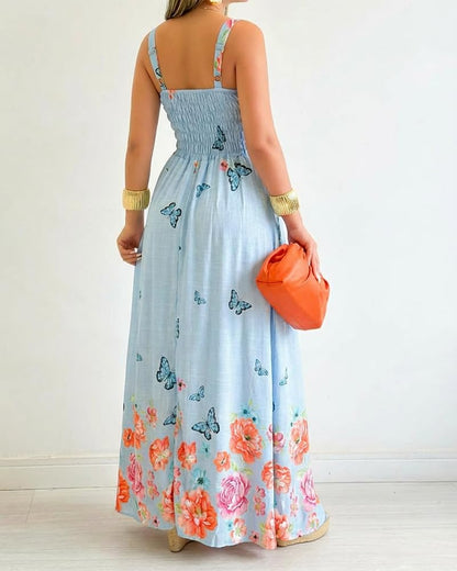 CHICME Women’s Floral Butterfly Print Linen Maxi Dress Quare Neck Strap Shirred Bodice Flowy Boho Summer Beach Dress