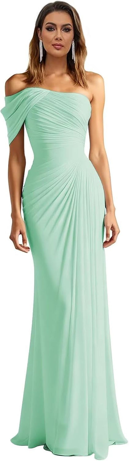 One Shoulder Chiffon Bridesmaid Dresses Pleated Mermaid Long Formal Gowns Wedding Guest Dress