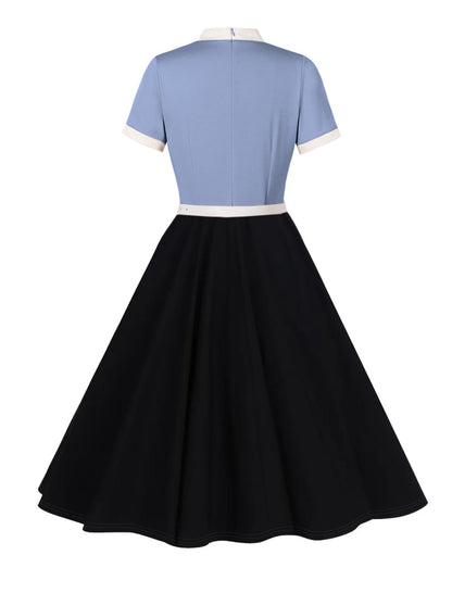 50s Style Dresses for Women Vintage Short Sleeve Tie Neck Swing Dress Midi Prom Dress with Belt