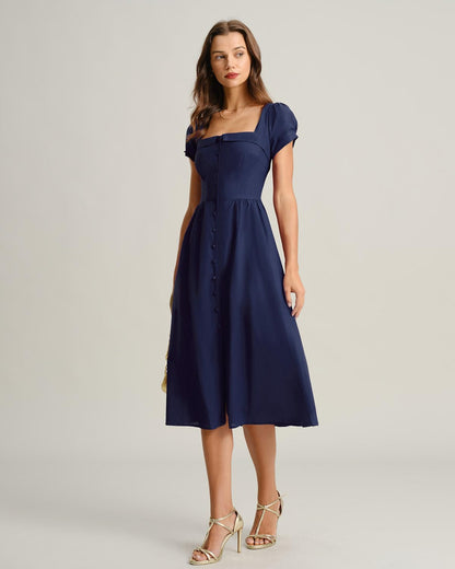 RIHOAS Elegant Casual Dresses for Women Short Sleeve Puff Square Neck A-Line Midi Dress