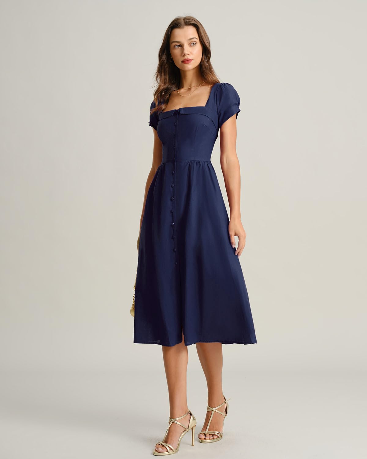 RIHOAS Elegant Casual Dresses for Women Short Sleeve Puff Square Neck A-Line Midi Dress