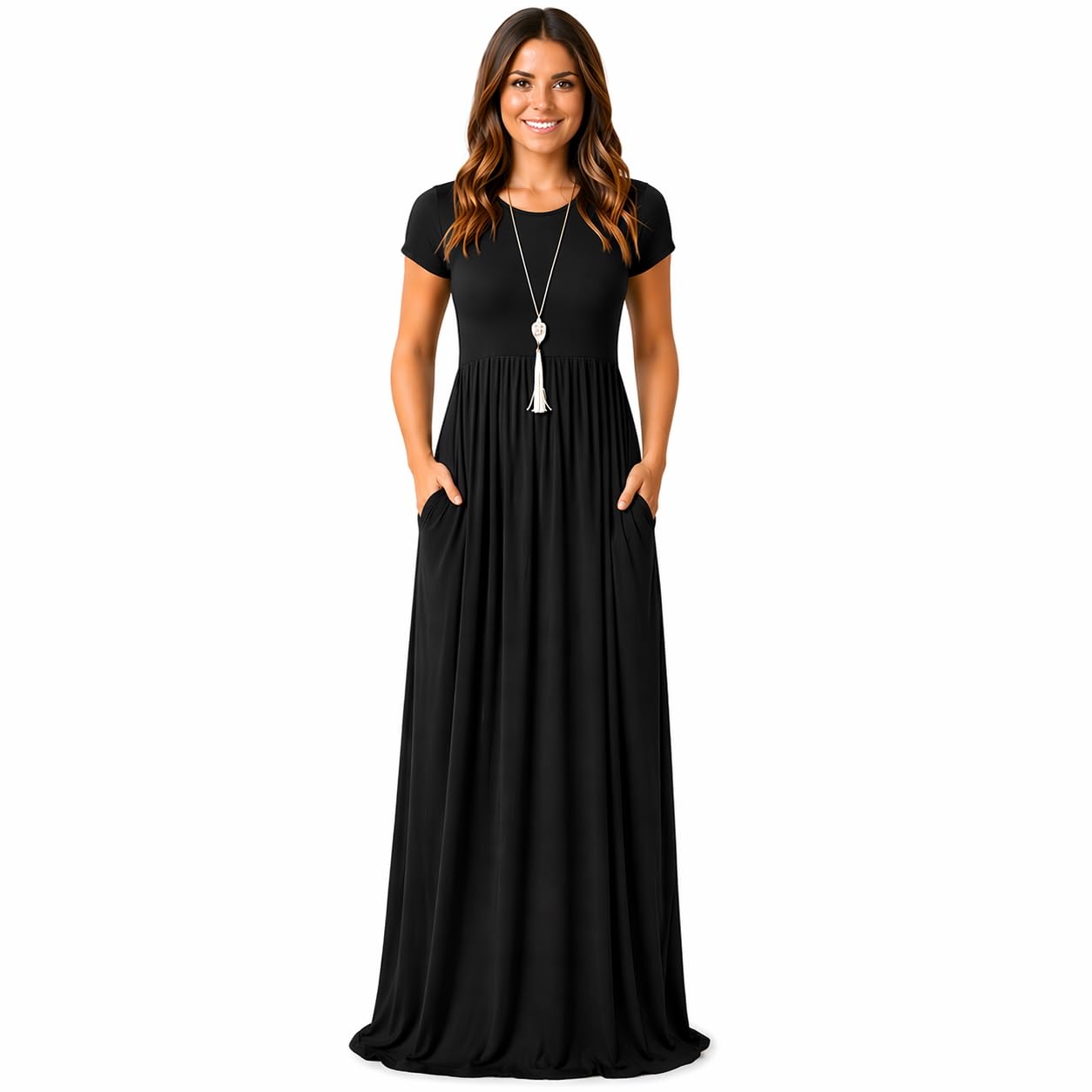 AUOMITH Women's 2026 Summer Short Sleeve Empire High Waist Long Maxi Dress with Pockets