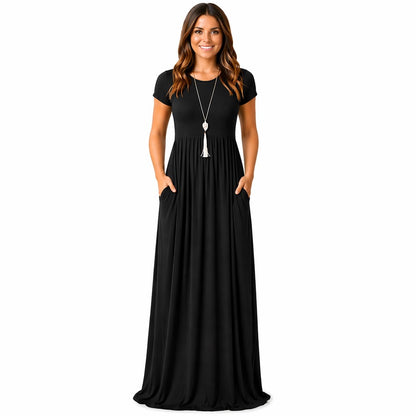 AUOMITH Women's 2026 Summer Short Sleeve Empire High Waist Long Maxi Dress with Pockets