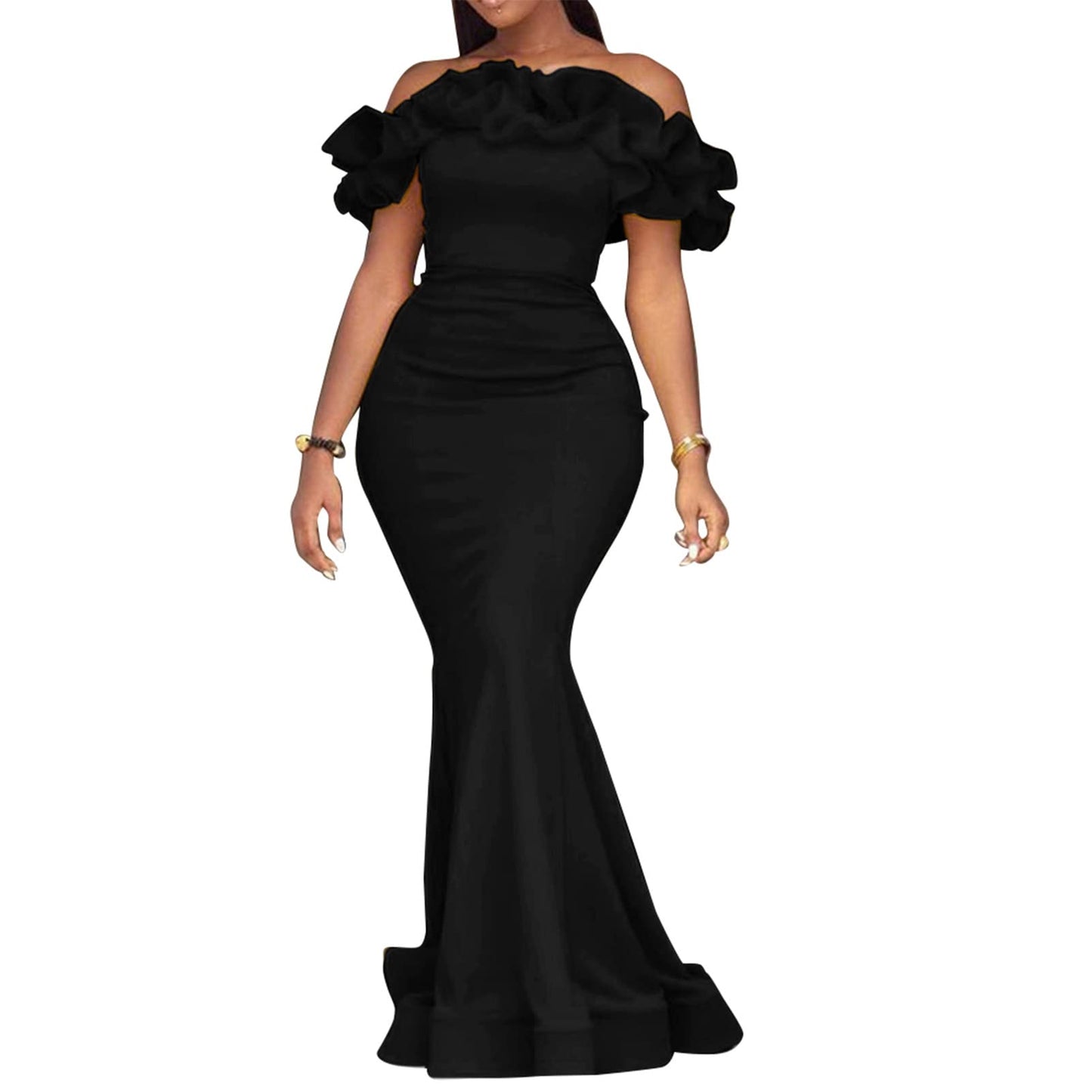 Cololura Sexy Floor-Length Off Shoulder Ruffles Stringy Selvedge Mermaid Bodycon Party Evening Maxi Dress