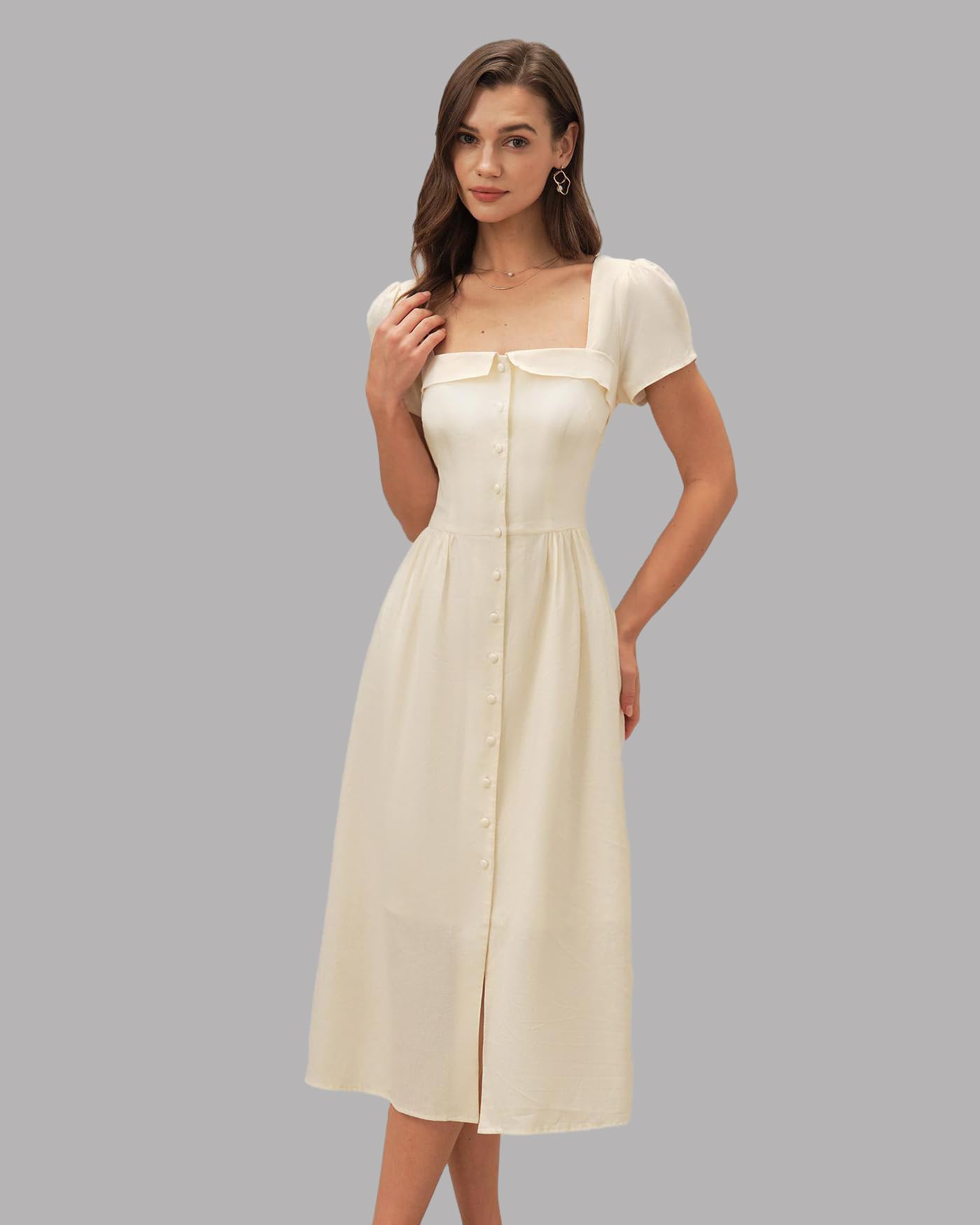 RIHOAS Elegant Casual Dresses for Women Short Sleeve Puff Square Neck A-Line Midi Dress