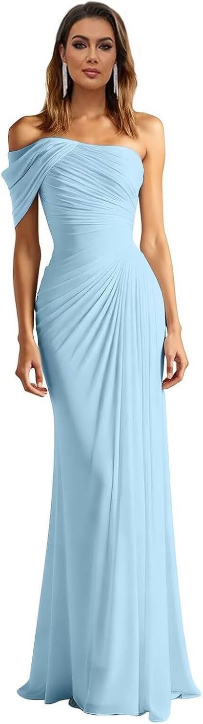One Shoulder Chiffon Bridesmaid Dresses Pleated Mermaid Long Formal Gowns Wedding Guest Dress