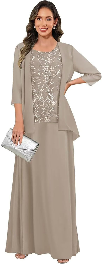 3 Pieces Mother of The Bride Dresses for Women 3/4 Sleeves Chiffon Lace Long Formal Wedding Guest Dress